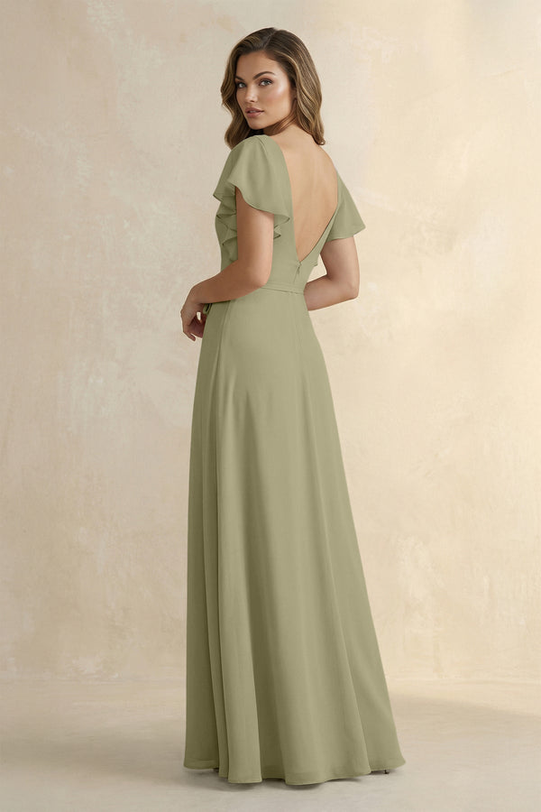Ruffled V - Neck Chiffon A - Line Bridesmaid Dress in Thyme - SHE IS ME Bridesmaid Dresses