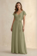 Ruffled V - Neck Chiffon A - Line Bridesmaid Dress in Thyme - SHE IS ME Bridesmaid Dresses