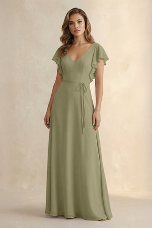 Ruffled V - Neck Chiffon A - Line Bridesmaid Dress in Thyme - SHE IS ME Bridesmaid Dresses