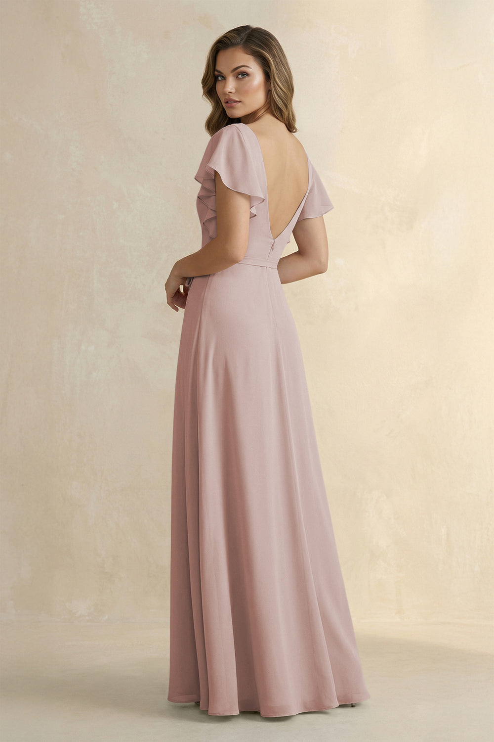 Ruffled V-Neck Chiffon A-Line Bridesmaid Dress in Toffee