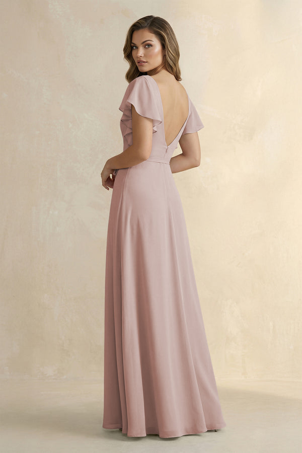 Ruffled V-Neck Chiffon A-Line Bridesmaid Dress in Toffee (2) | KISSBRIDAL