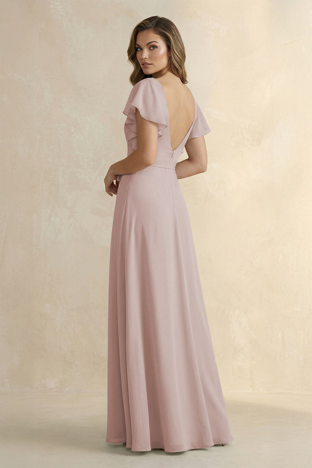 Ruffled V - Neck Chiffon A - Line Bridesmaid Dress in Toffee - KISS BRIDAL Bridesmaid Dresses