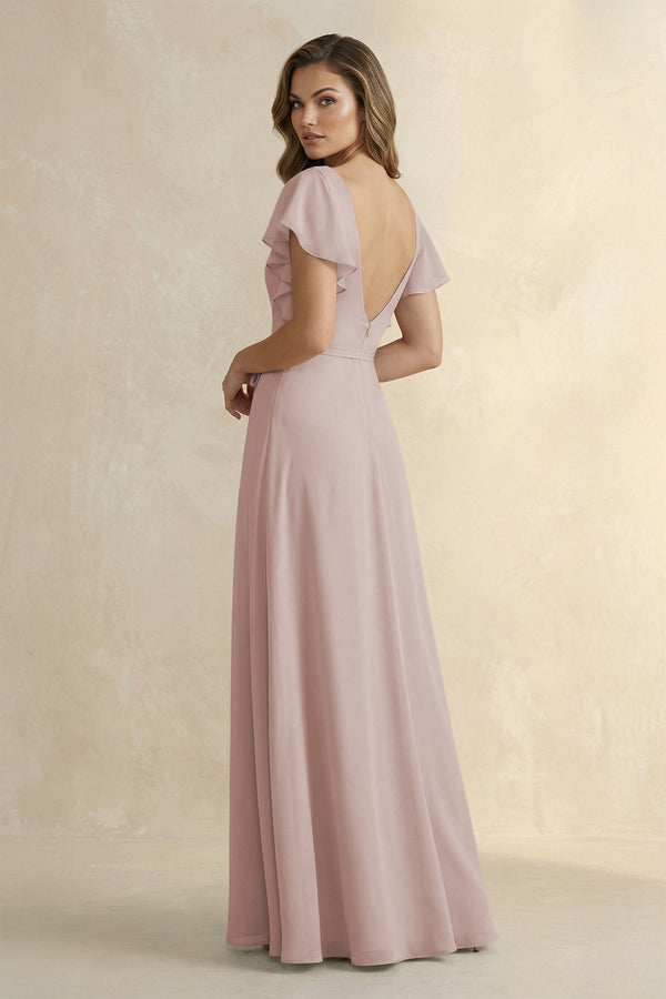 Ruffled V - Neck Chiffon A - Line Bridesmaid Dress in Toffee - SHE IS ME Bridesmaid Dresses