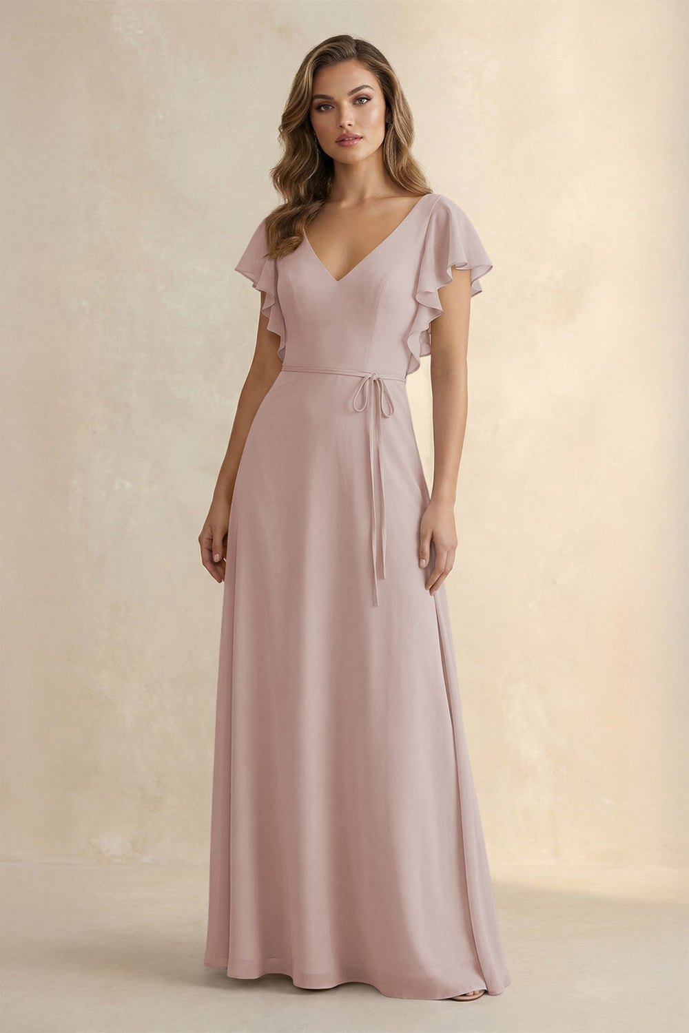 Ruffled V - Neck Chiffon A - Line Bridesmaid Dress in Toffee - KISS BRIDAL Bridesmaid Dresses