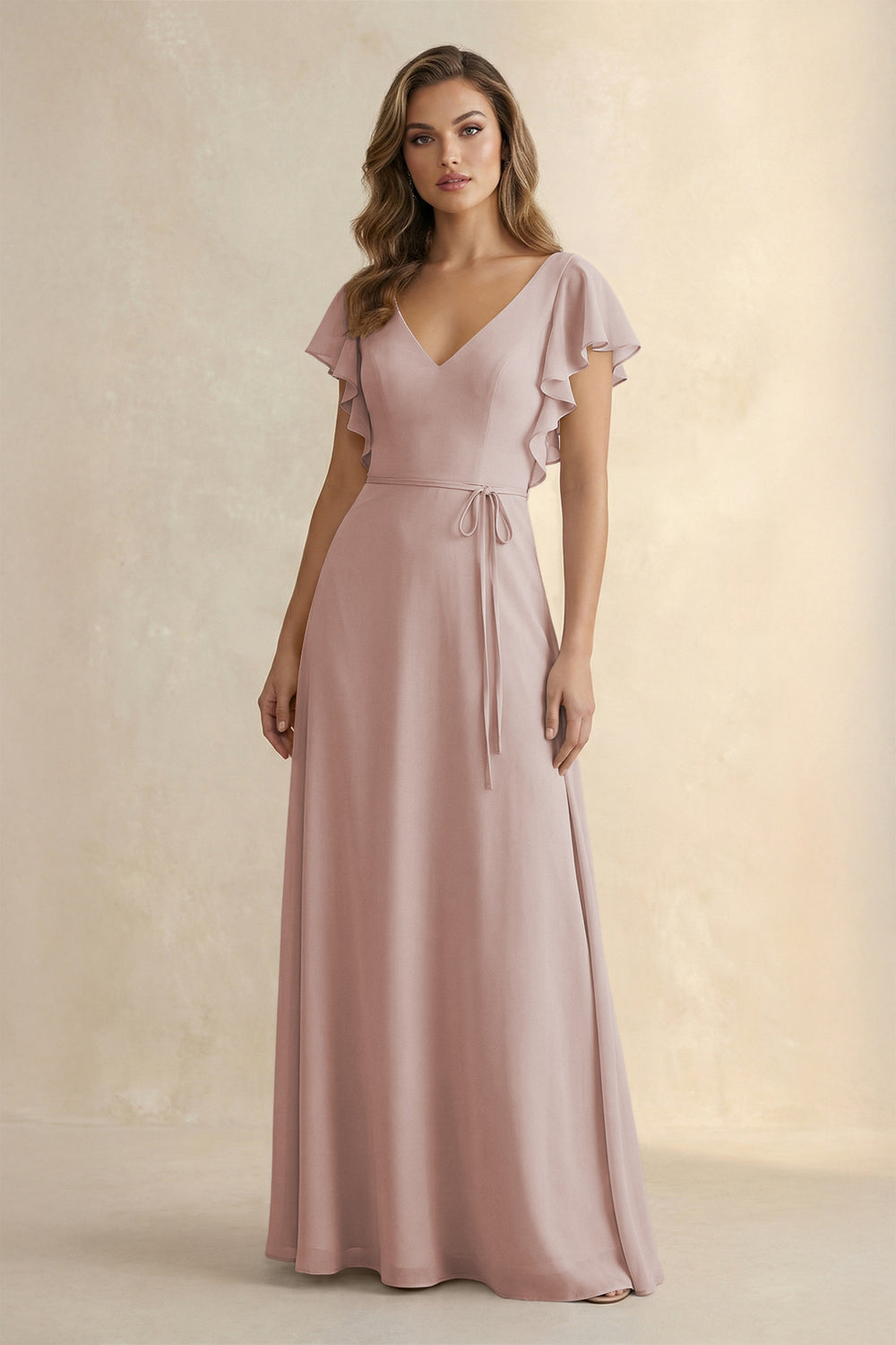 Ruffled V-Neck Chiffon A-Line Bridesmaid Dress in Toffee