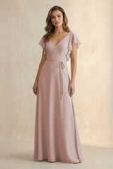 Ruffled V-Neck Chiffon A-Line Bridesmaid Dress in Toffee | KISSBRIDAL