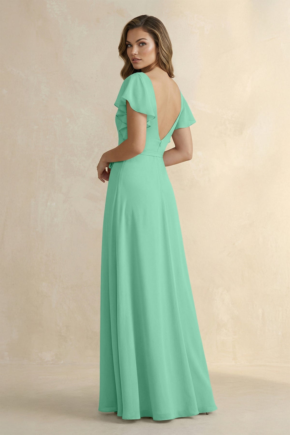 Ruffled V - Neck Chiffon A - Line Bridesmaid Dress in Turquoise - KISS BRIDAL Bridesmaid Dresses
