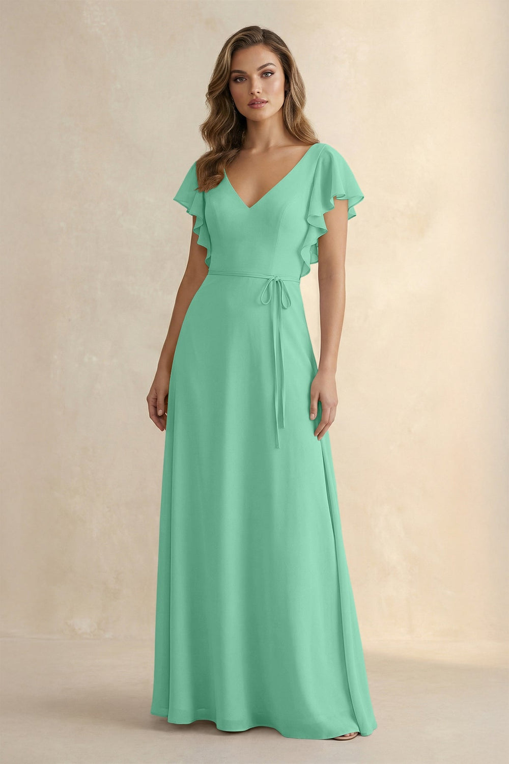 Ruffled V - Neck Chiffon A - Line Bridesmaid Dress in Turquoise - KISS BRIDAL Bridesmaid Dresses