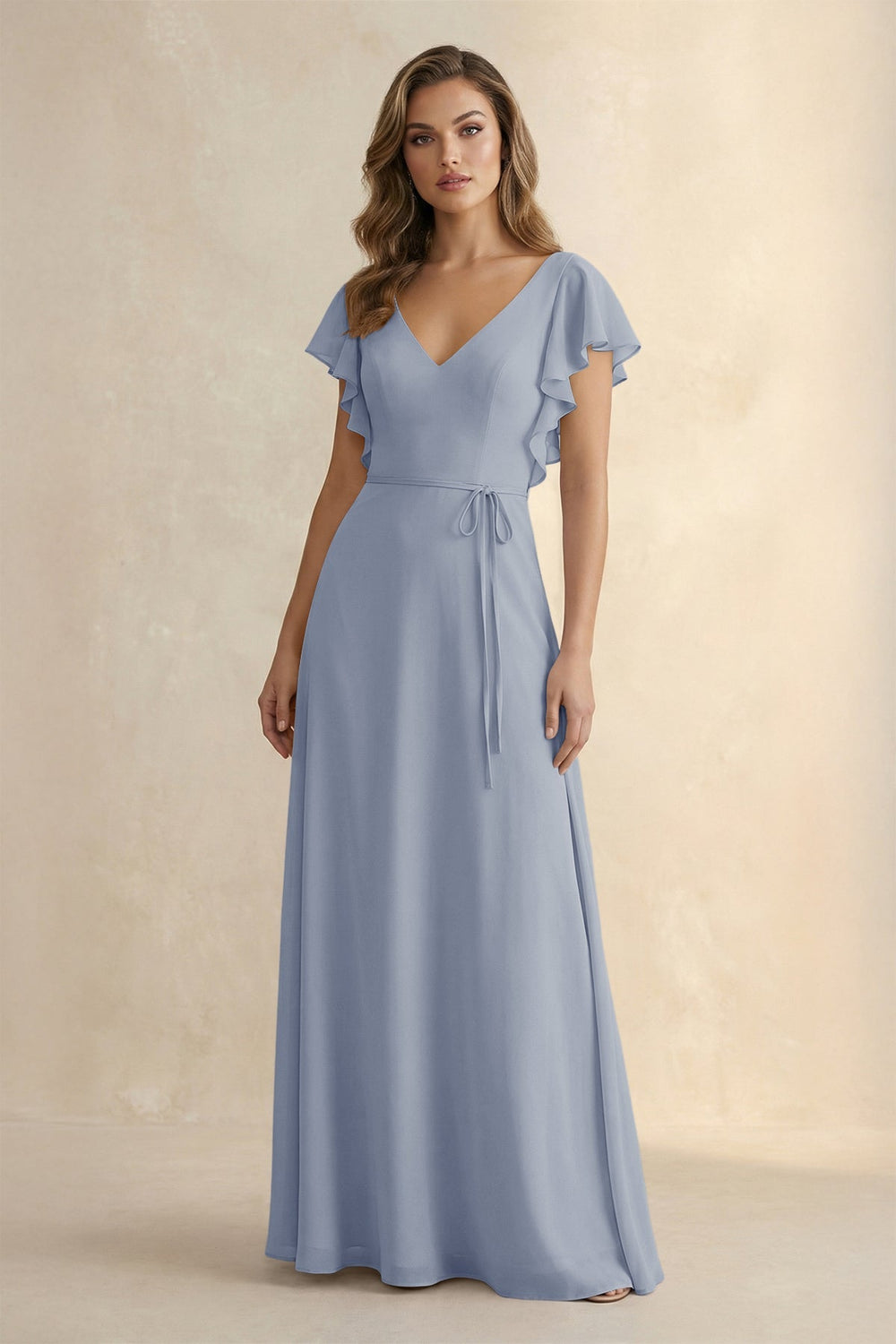 Ruffled V - Neck Chiffon A - Line Bridesmaid Dress in Twilight - KISS BRIDAL Bridesmaid Dresses
