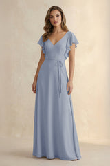 Ruffled V - Neck Chiffon A - Line Bridesmaid Dress in Twilight - KISS BRIDAL Bridesmaid Dresses