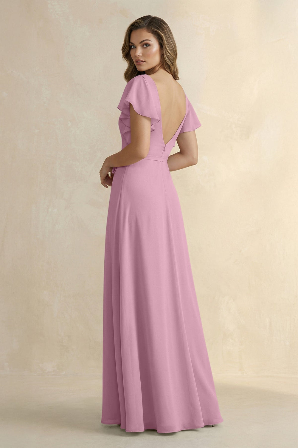 Ruffled V - Neck Chiffon A - Line Bridesmaid Dress in Vintage Mauve - KISS BRIDAL Bridesmaid Dresses