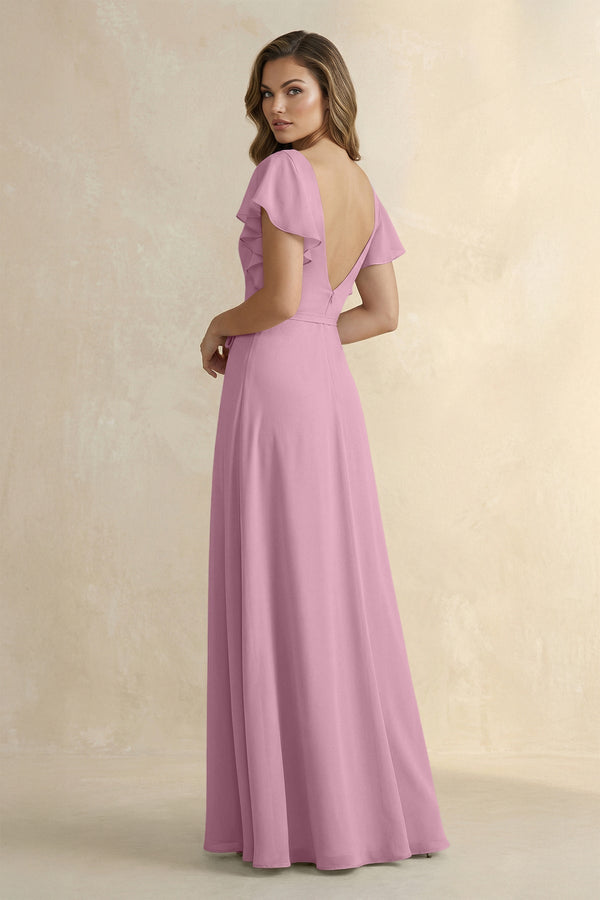 Ruffled V - Neck Chiffon A - Line Bridesmaid Dress in Vintage Mauve - SHE IS ME Bridesmaid Dresses