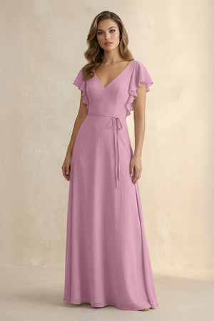 Ruffled V - Neck Chiffon A - Line Bridesmaid Dress in Vintage Mauve - SHE IS ME Bridesmaid Dresses