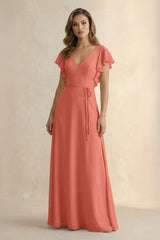 Ruffled V - Neck Chiffon A - Line Bridesmaid Dress in Wild Rose - KISS BRIDAL Bridesmaid Dresses
