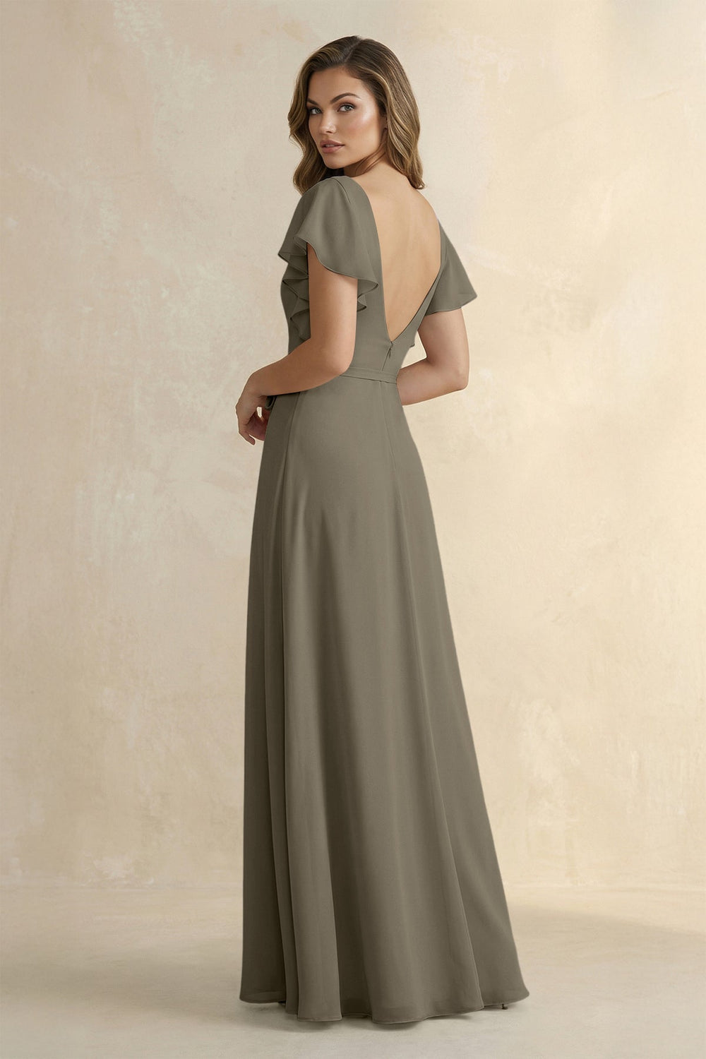 Ruffled V - Neck Chiffon A - Line Bridesmaid Dress in Willow Green - KISS BRIDAL Bridesmaid Dresses