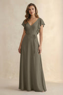 Ruffled V - Neck Chiffon A - Line Bridesmaid Dress in Willow Green - SHE IS ME Bridesmaid Dresses