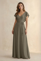 Ruffled V - Neck Chiffon A - Line Bridesmaid Dress in Willow Green - KISS BRIDAL Bridesmaid Dresses