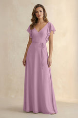 Ruffled V - Neck Chiffon A - Line Bridesmaid Dress in Wisteria - KISS BRIDAL Bridesmaid Dresses