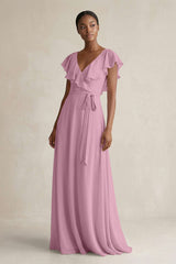 A-Line V-Neck Ruffled Sleeve Chiffon Bridesmaid Dress in Vintage Mauve - KISS BRIDAL BRIDESMAID DRESSES