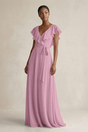 A-Line V-Neck Ruffled Sleeve Chiffon Bridesmaid Dress in Vintage Mauve - SHE IS ME BRIDESMAID DRESSES