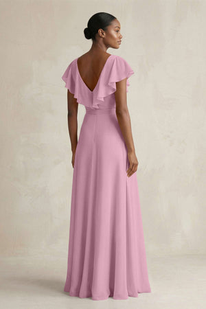 A-Line V-Neck Ruffled Sleeve Chiffon Bridesmaid Dress in Vintage Mauve - SHE IS ME BRIDESMAID DRESSES