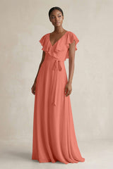 A-Line V-Neck Ruffled Sleeve Chiffon Bridesmaid Dress in Wild Rose - KISS BRIDAL BRIDESMAID DRESSES