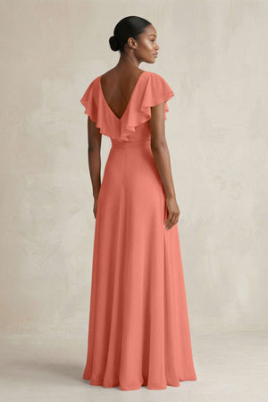 A-Line V-Neck Ruffled Sleeve Chiffon Bridesmaid Dress in Wild Rose - SHE IS ME BRIDESMAID DRESSES