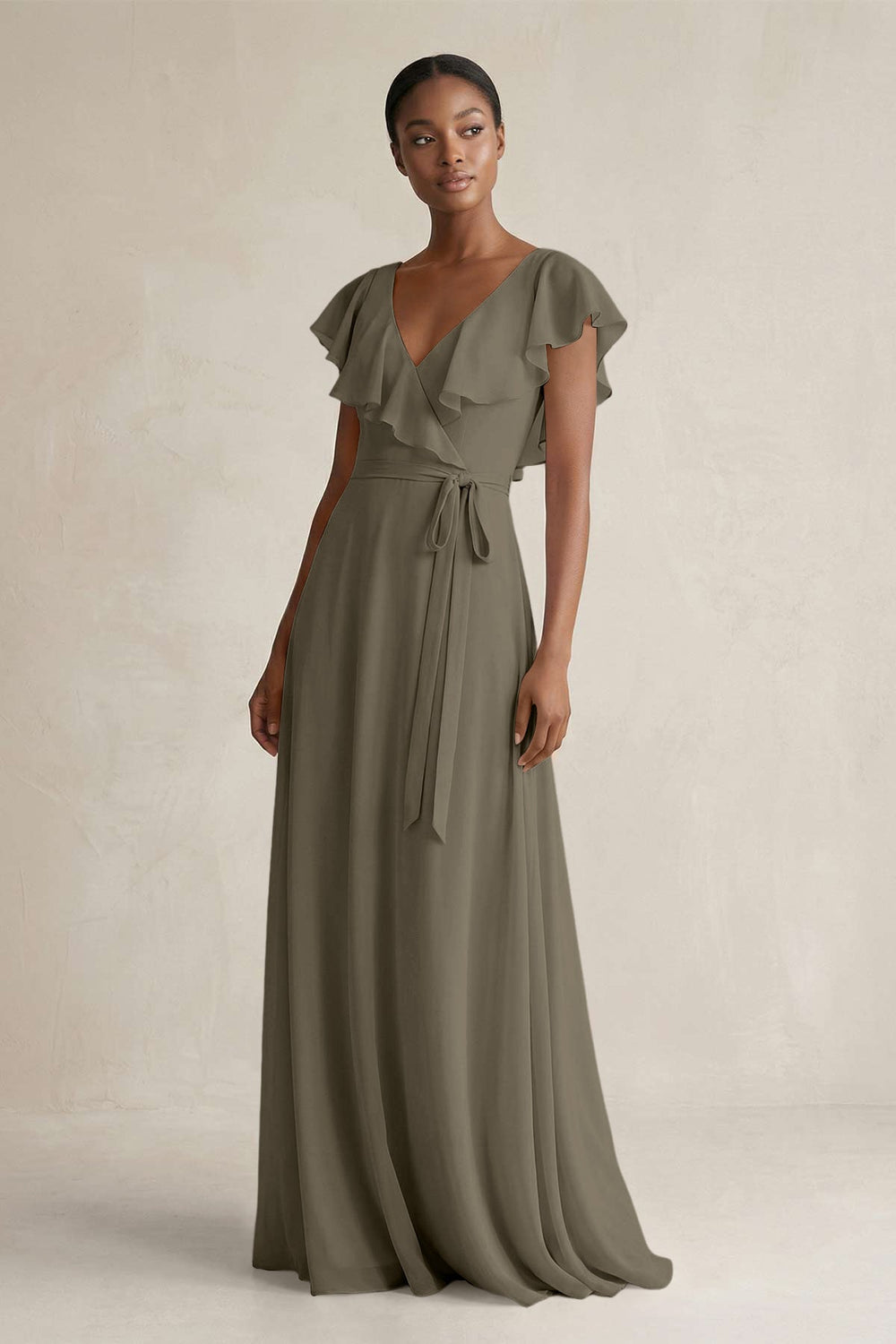 A-Line V-Neck Ruffled Sleeve Chiffon Bridesmaid Dress in Willow Green - KISS BRIDAL BRIDESMAID DRESSES