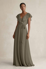 A-Line V-Neck Ruffled Sleeve Chiffon Bridesmaid Dress in Willow Green - KISS BRIDAL BRIDESMAID DRESSES