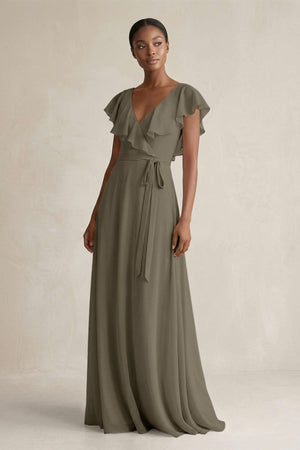 A-Line V-Neck Ruffled Sleeve Chiffon Bridesmaid Dress in Willow Green - SHE IS ME BRIDESMAID DRESSES