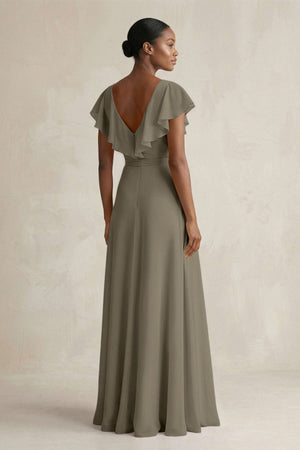 A-Line V-Neck Ruffled Sleeve Chiffon Bridesmaid Dress in Willow Green - SHE IS ME BRIDESMAID DRESSES