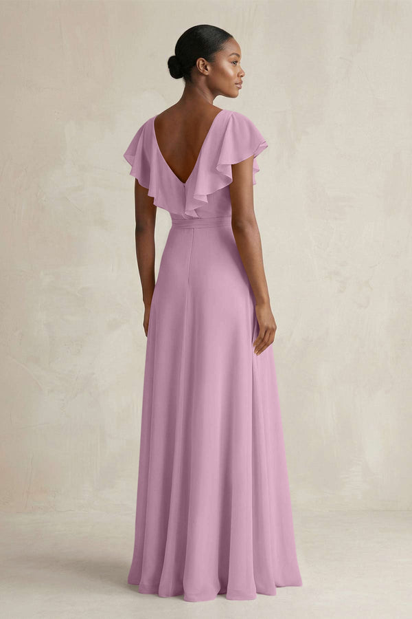 A-Line V-Neck Ruffled Sleeve Chiffon Bridesmaid Dress in Wisteria - SHE IS ME BRIDESMAID DRESSES