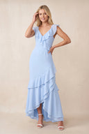 Ruffles V - Neck Sheath Chiffon Maxi Dress in Sky Blue - SHE IS ME Dresses