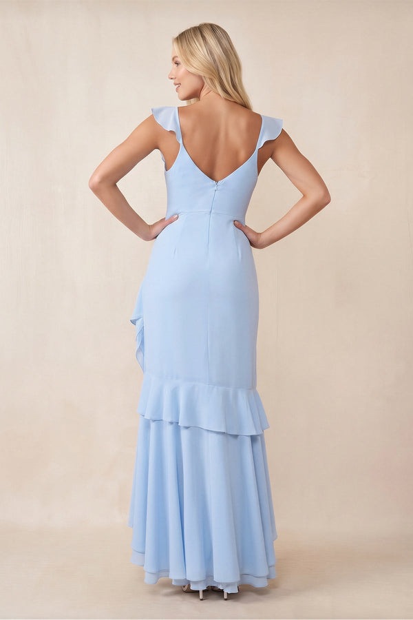 Ruffles V - Neck Sheath Chiffon Maxi Dress in Sky Blue - SHE IS ME Dresses