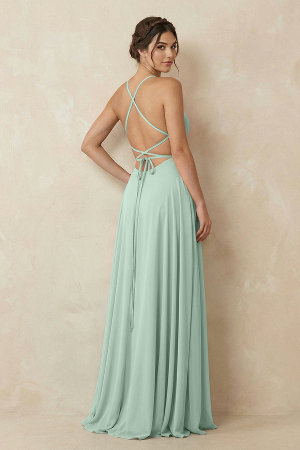 Sage A-Line Chiffon Bridesmaid Dress With Slit (2) | KISSBRIDAL