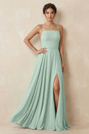 Sage A-Line Chiffon Bridesmaid Dress With Slit | KISSBRIDAL