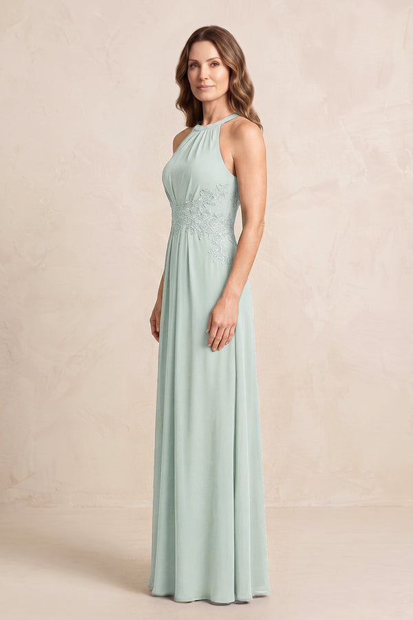 Sage A-Line Chiffon Embroidered Halter Mother of the Bride Dress (3) | KISSBRIDAL