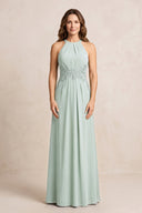 Sage A-Line Chiffon Embroidered Halter Mother of the Bride Dress | KISSBRIDAL