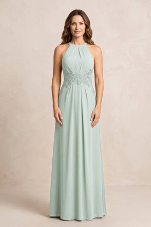 Sage A-Line Chiffon Embroidered Halter Mother of the Bride Dress | KISSBRIDAL