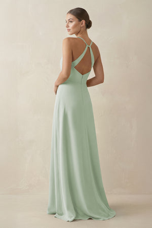 Sage A-Line Chiffon Long Bridesmaid Dress With Slit (2) | KISSBRIDAL