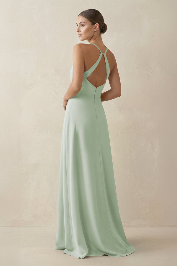 Sage A-Line Chiffon Long Bridesmaid Dress With Slit (2) | KISSBRIDAL