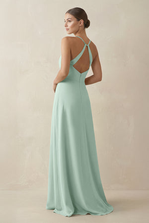 Sage A-Line Chiffon Long Bridesmaid Dress With Slit (2) | KISSBRIDAL