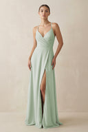 Sage A-Line Chiffon Long Bridesmaid Dress With Slit | KISSBRIDAL