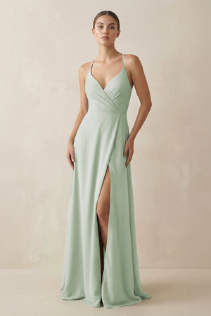 Sage A-Line Chiffon Long Bridesmaid Dress With Slit | KISSBRIDAL