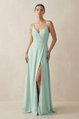Sage A-Line Chiffon Long Bridesmaid Dress With Slit | KISSBRIDAL