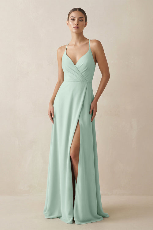 Sage A-Line Chiffon Long Bridesmaid Dress With Slit | KISSBRIDAL