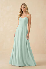 Sage A-Line Chiffon Spaghetti Strap Bridesmaid Dress | KISSBRIDAL