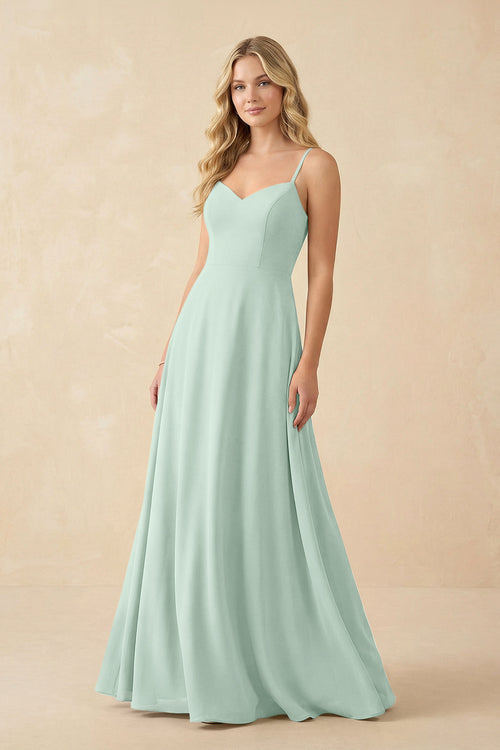 Sage A-Line Chiffon Spaghetti Strap Bridesmaid Dress | KISSBRIDAL