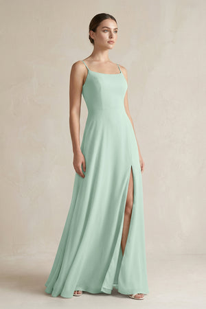 Sage A-Line Chiffon Spaghetti Strap Bridesmaid Dress | KISSBRIDAL