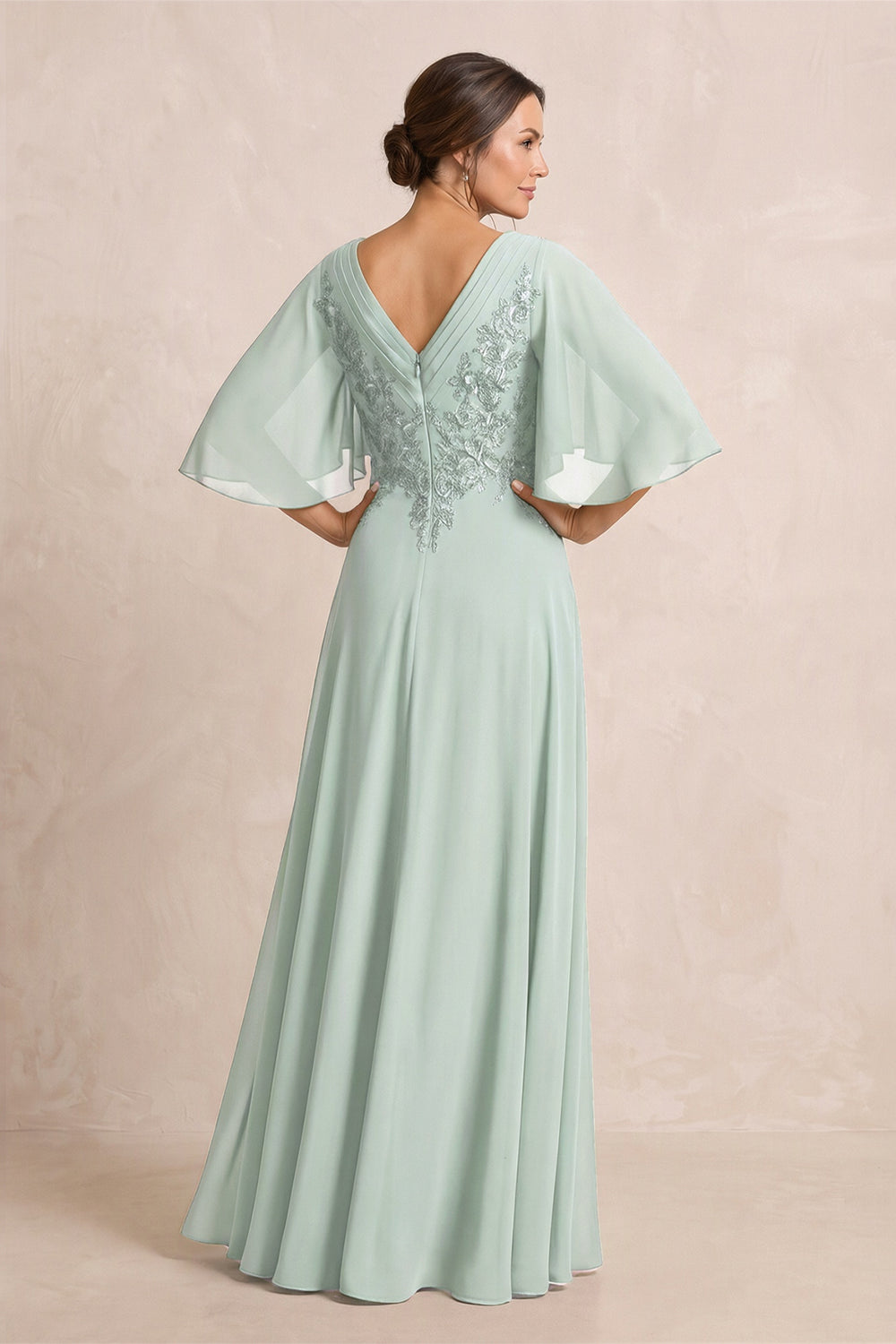 Sage A-Line Embroidered Chiffon Mother of the Bride Dress With Sleeves